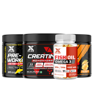 XCLUB Nutrition Pre-Workout Dietary Supplement Fruit Punch + Orange Flavour + Creatine + Fish Oil Combo