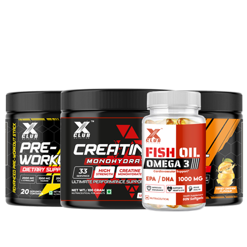 XCLUB Nutrition Pre-Workout Dietary Supplement Fruit Punch + Orange Flavour + Creatine + Fish Oil Combo