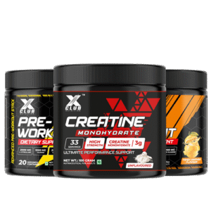 XCLUB Nutrition Pre-Workout Dietary Supplement Fruit Punch + Orange Flavour + Creatine Combo